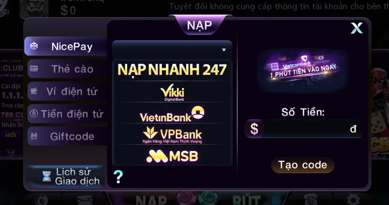 Hướng dẫn nạp tiền qua tài khoản ngân hàng.